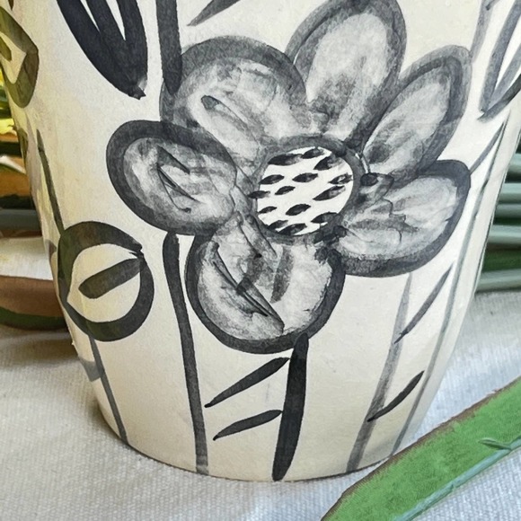 Black and White Pottery Vase or Kitchen Crock with Daisies and Stripe Design - Picture 7 of 10
